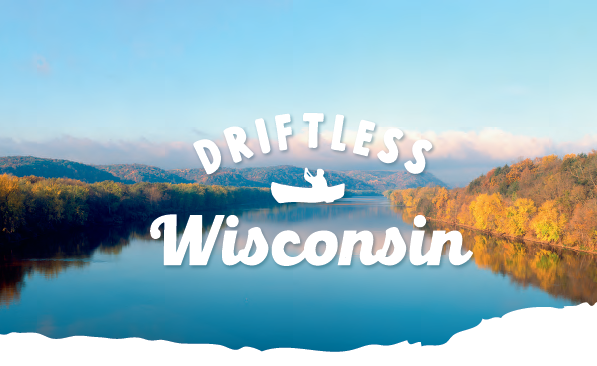 Driftless Wisconsin logo over a river